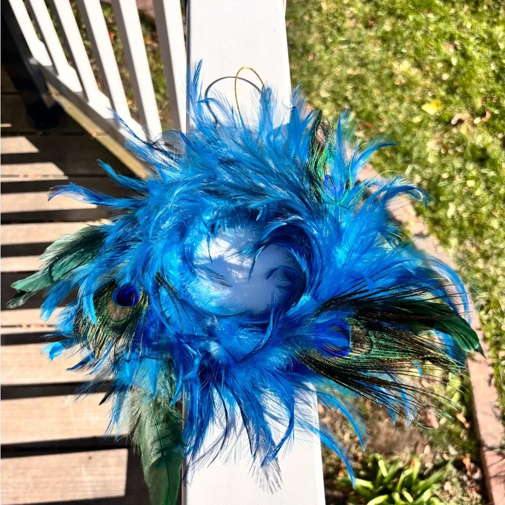Handmade small blue peacock feather wreath or Christmas ornament
